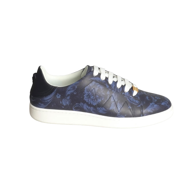 VERSACE-NIB Blue Print Leather Baroque Low Top Sneakers, Size 43