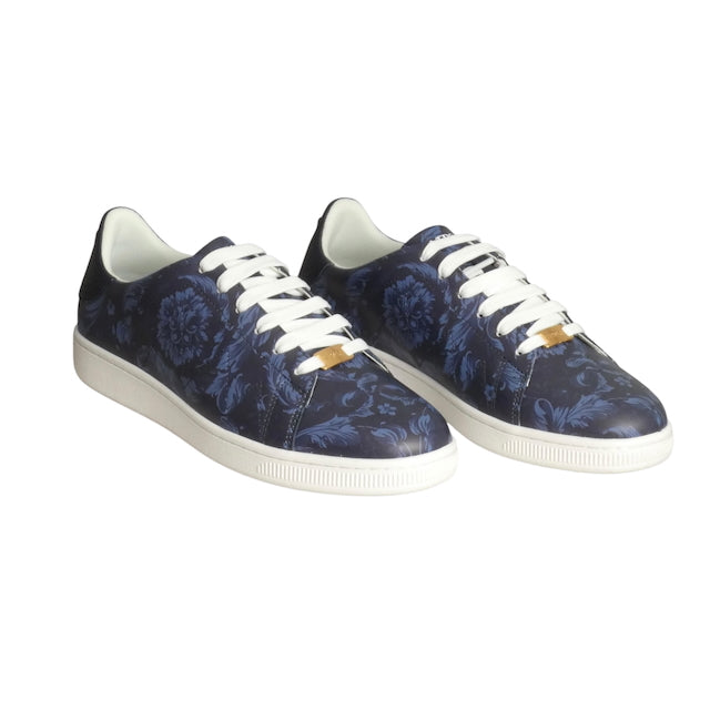 VERSACE-NIB Blue Print Leather Baroque Low Top Sneakers, Size 43