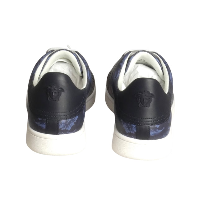 VERSACE-NIB Blue Print Leather Baroque Low Top Sneakers, Size 43