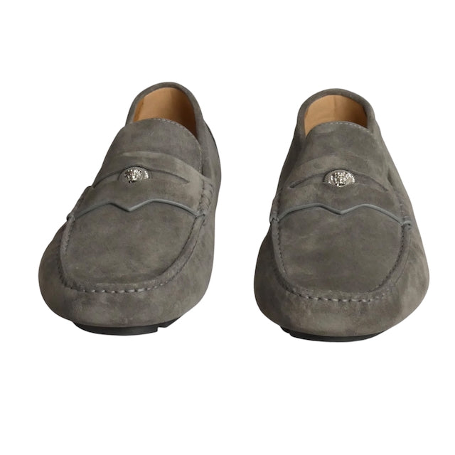 VERSACE-NIB Gray Suede Driving Moccasins, Size 44