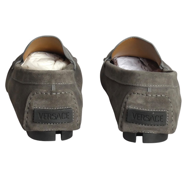 VERSACE-NIB Gray Suede Driving Moccasins, Size 44