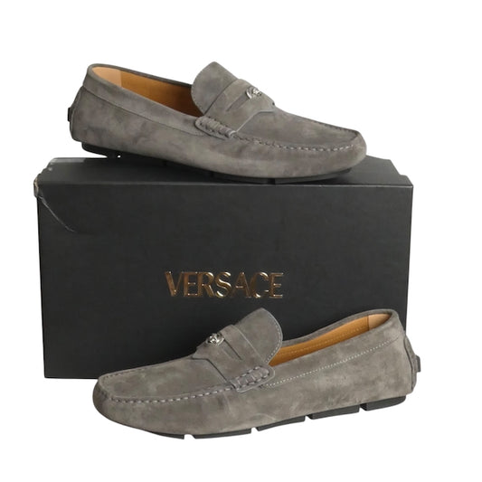 VERSACE-NIB Gray Suede Driving Moccasins, Size 44