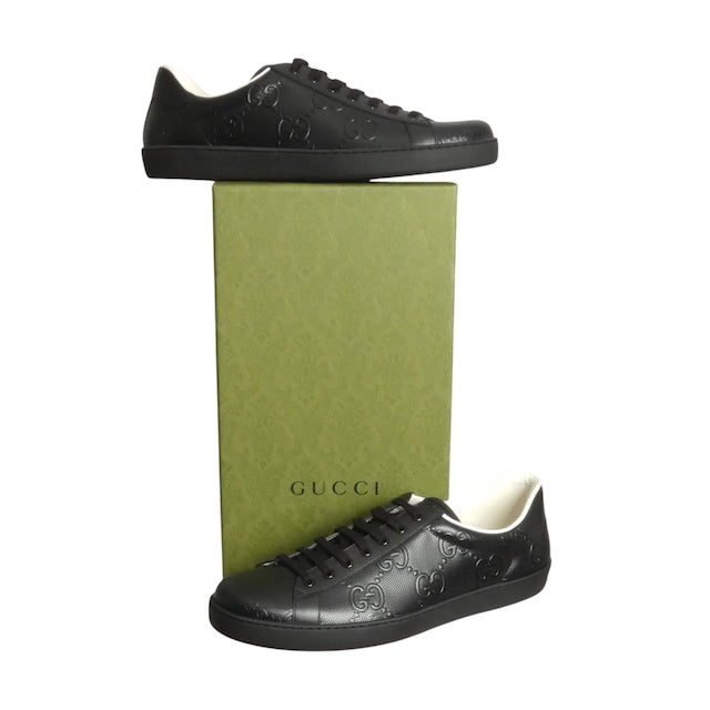 GUCCI- NIB  Black Ace GG Low Top Sneakers, Size 13.5