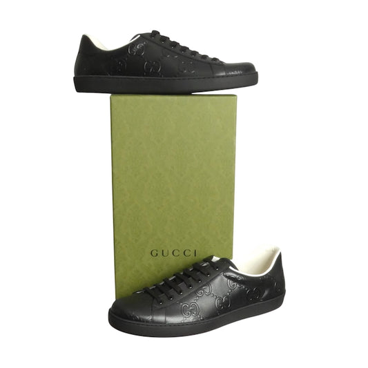 GUCCI- NIB  Black Ace GG Low Top Sneakers, Size 13.5
