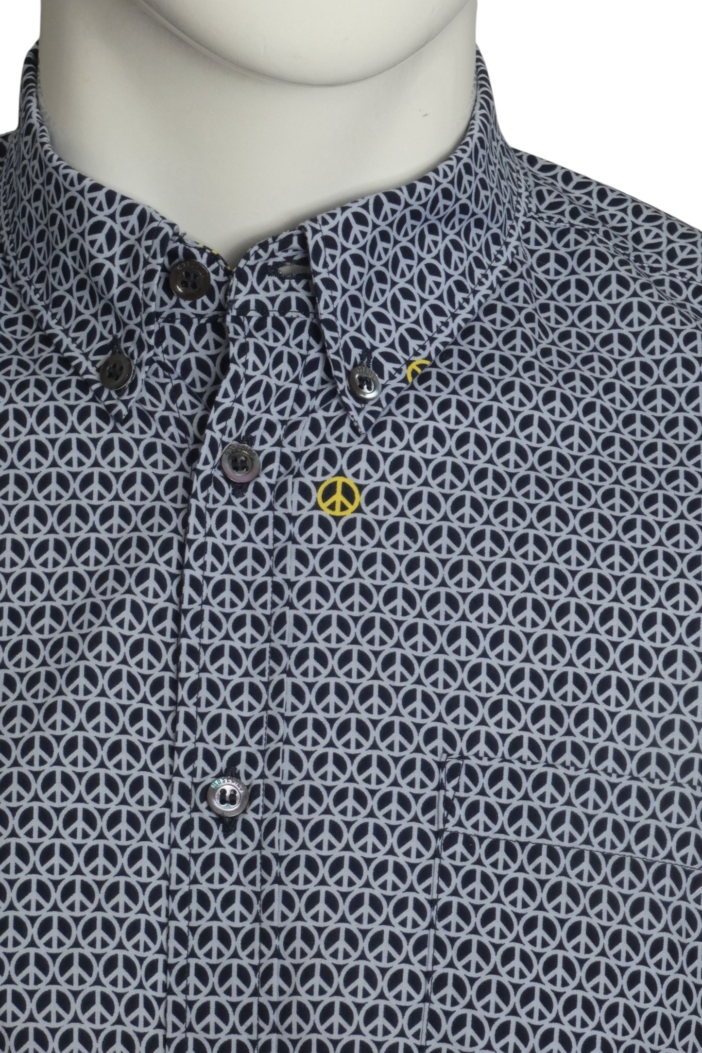 MOSCHINO- Blue Peace Sign S/S Cotton Shirt, Size Medium