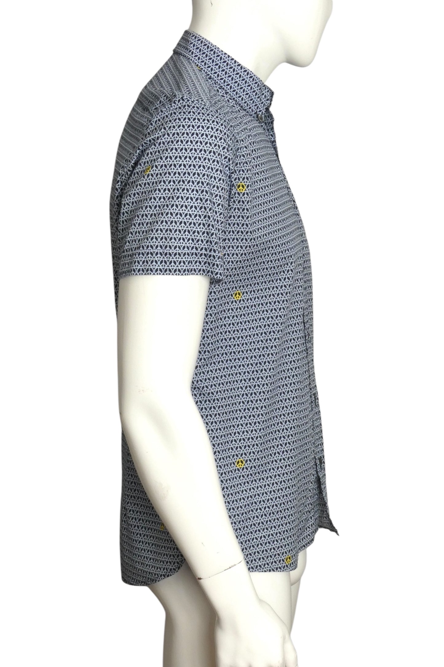 MOSCHINO- Blue Peace Sign S/S Cotton Shirt, Size Medium