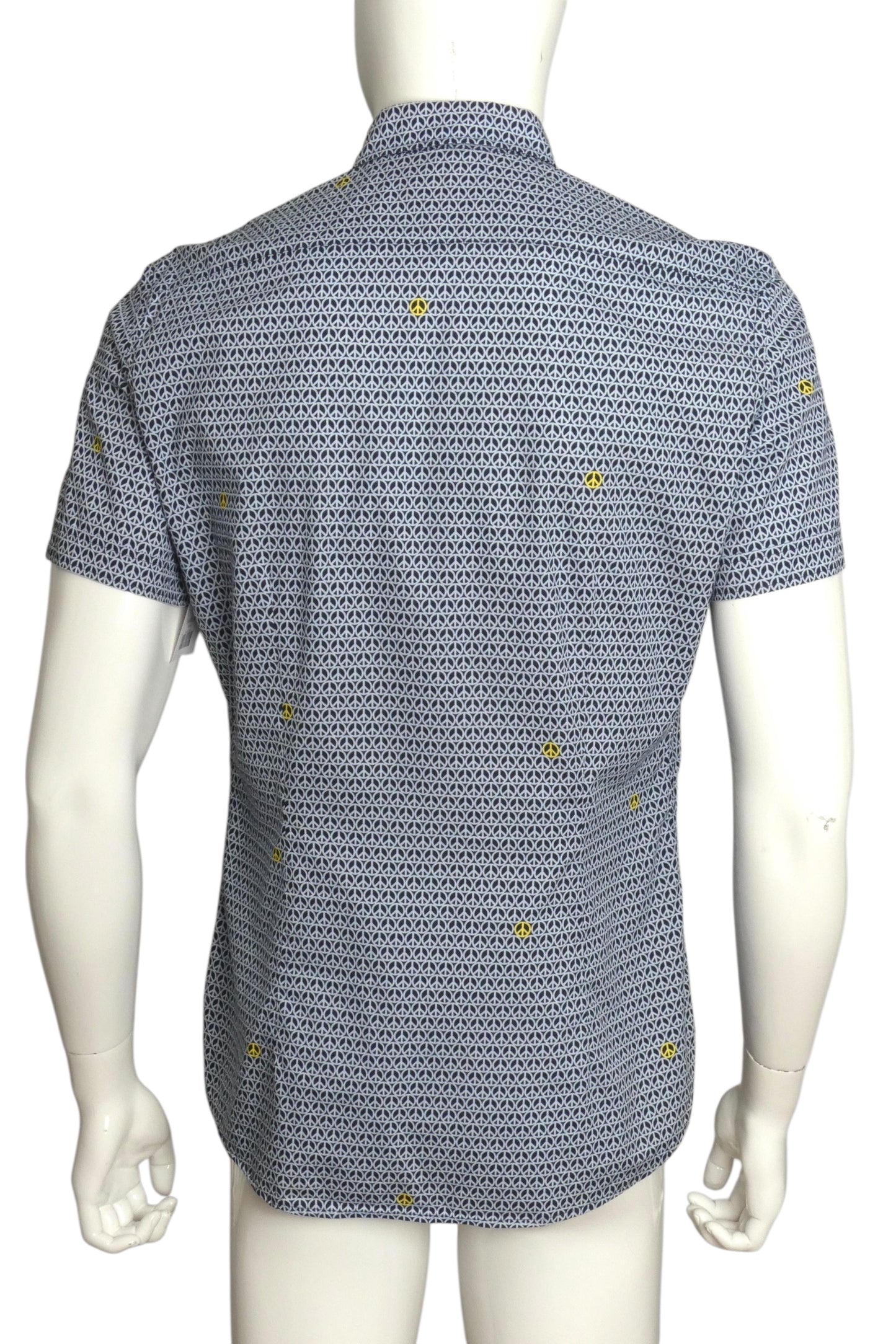 MOSCHINO- Blue Peace Sign S/S Cotton Shirt, Size Medium