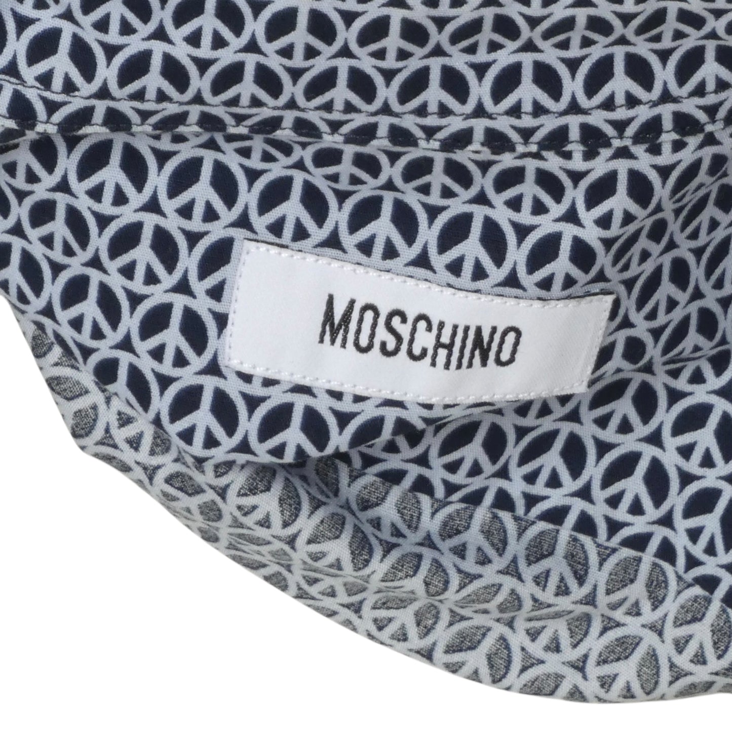 MOSCHINO- Blue Peace Sign S/S Cotton Shirt, Size Medium
