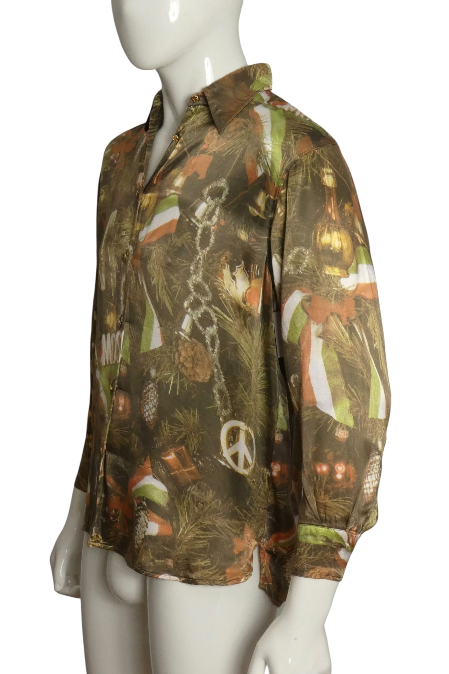 MOSCHINO JEANS- 1990s Christmas Tree Print Poly Shirt, Size Small