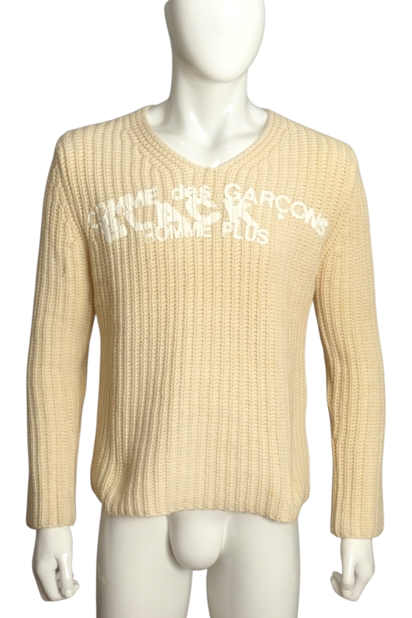COMME DES GARCONS- 2002 Ivory Painted Cable Knit Sweater, Size Medium
