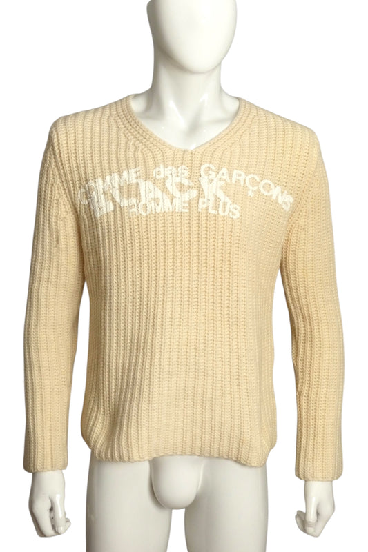 COMME DES GARCONS- 2002 Ivory Painted Cable Knit Sweater, Size Medium