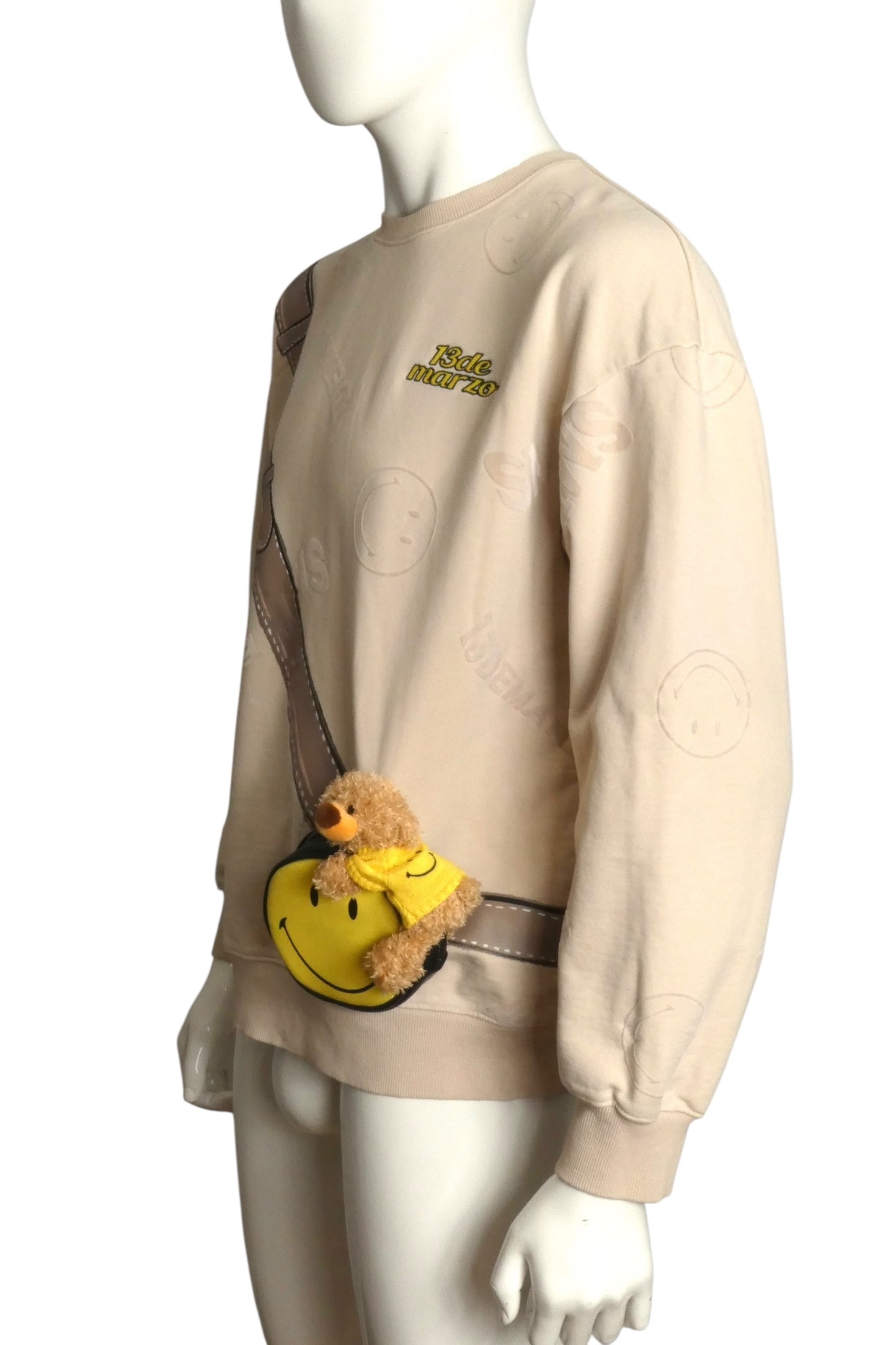 13DE MARZO X SMILEY- Cross Body Teddy Bear Sweatshirt, Size Medium