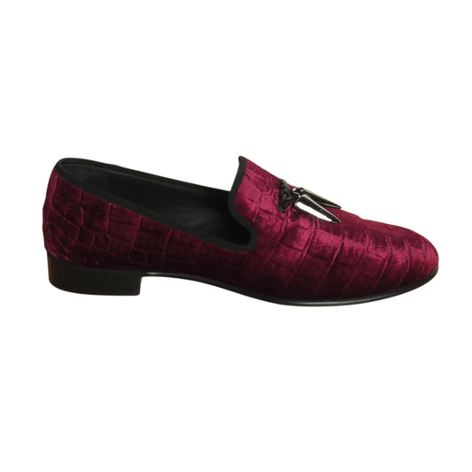 GIUSEPPE ZANOTTI-Maroon Velvet Patterned Loafers, Size-7.5