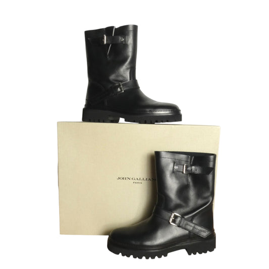 JOHN GALLIANO-Black Leather Moto Boots, Size-42