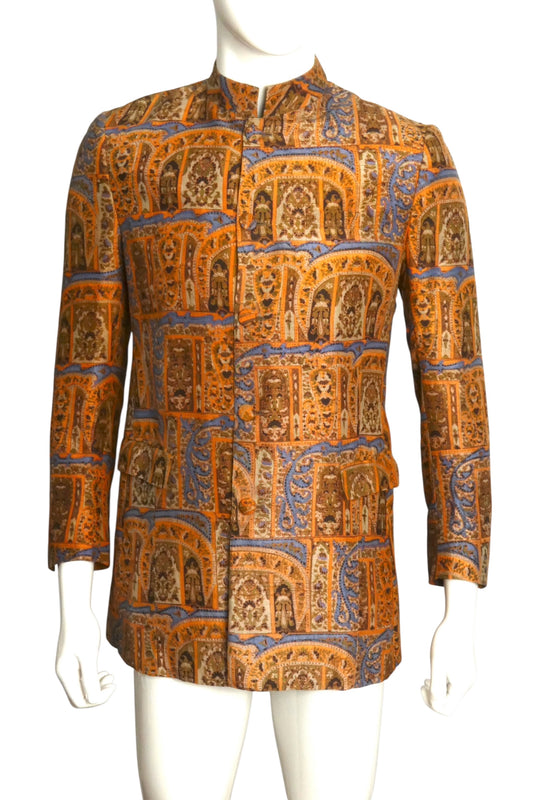 PIERRE CARDIN BOUTIQUE - 1960s Silk Print Nehru Jacket, Size-Medium