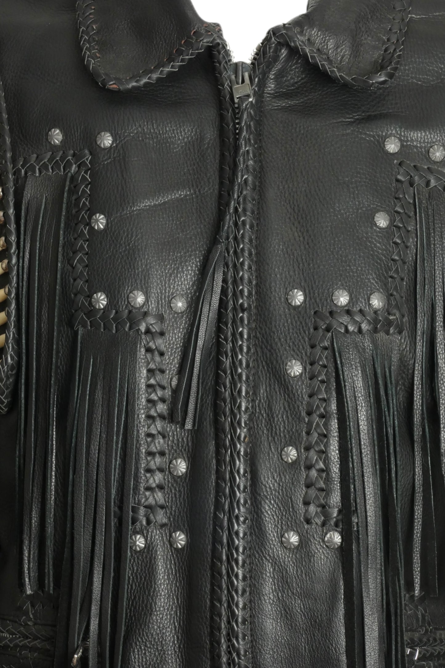 1980s NWT Black Leather Bead & Fringe Jacket, Size Large