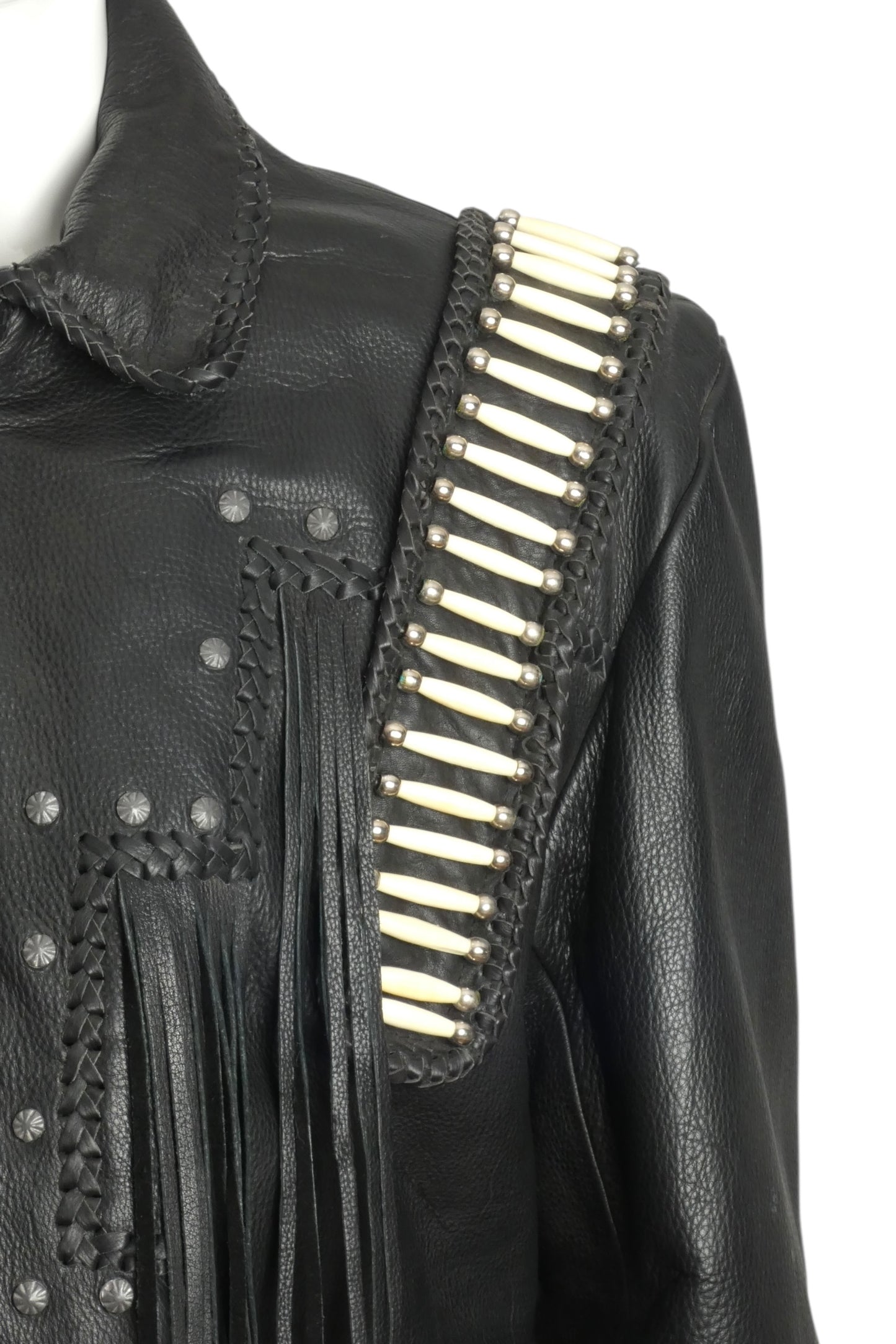 1980s NWT Black Leather Bead & Fringe Jacket, Size Large