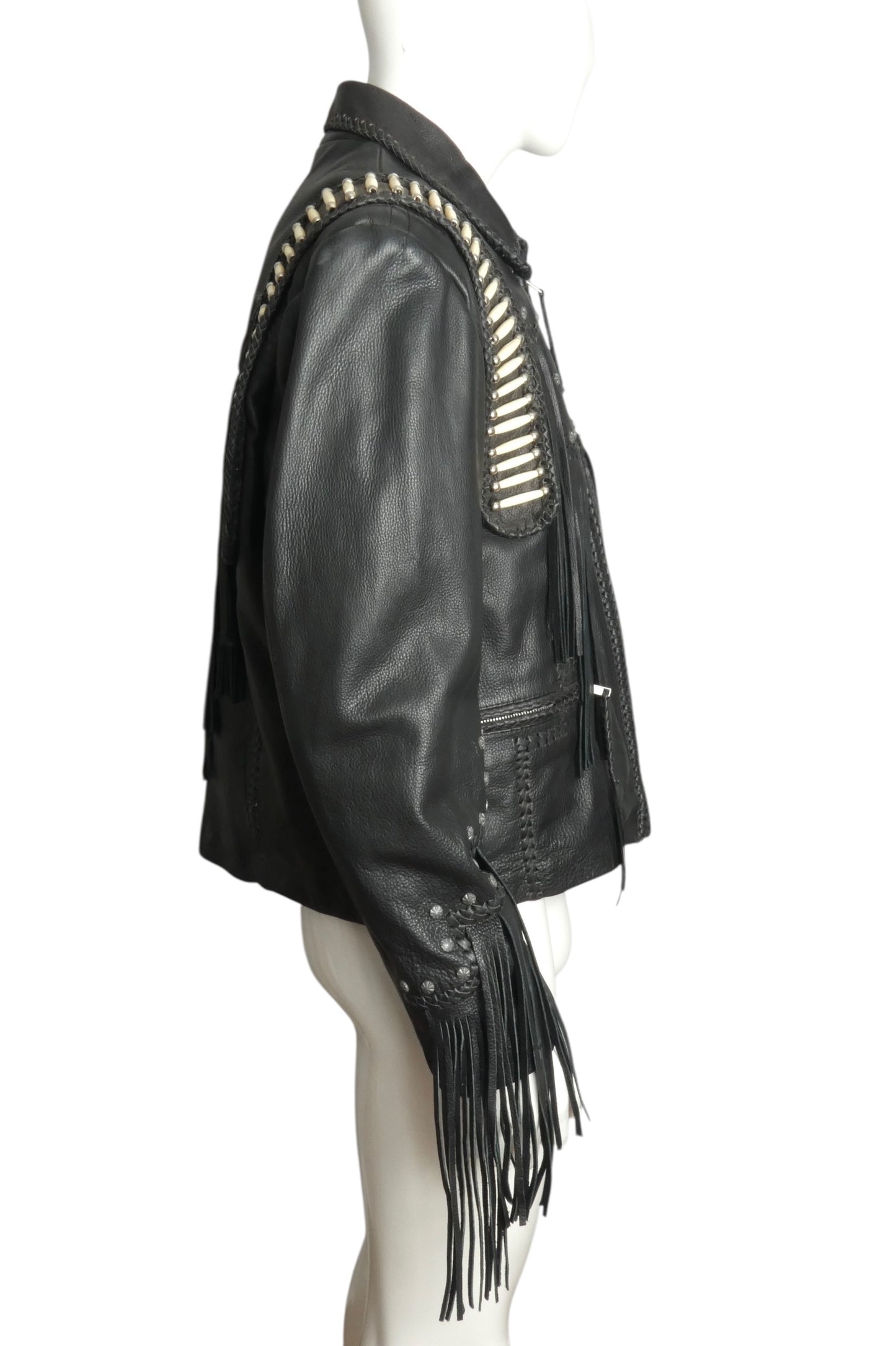 1980s NWT Black Leather Bead & Fringe Jacket, Size Large