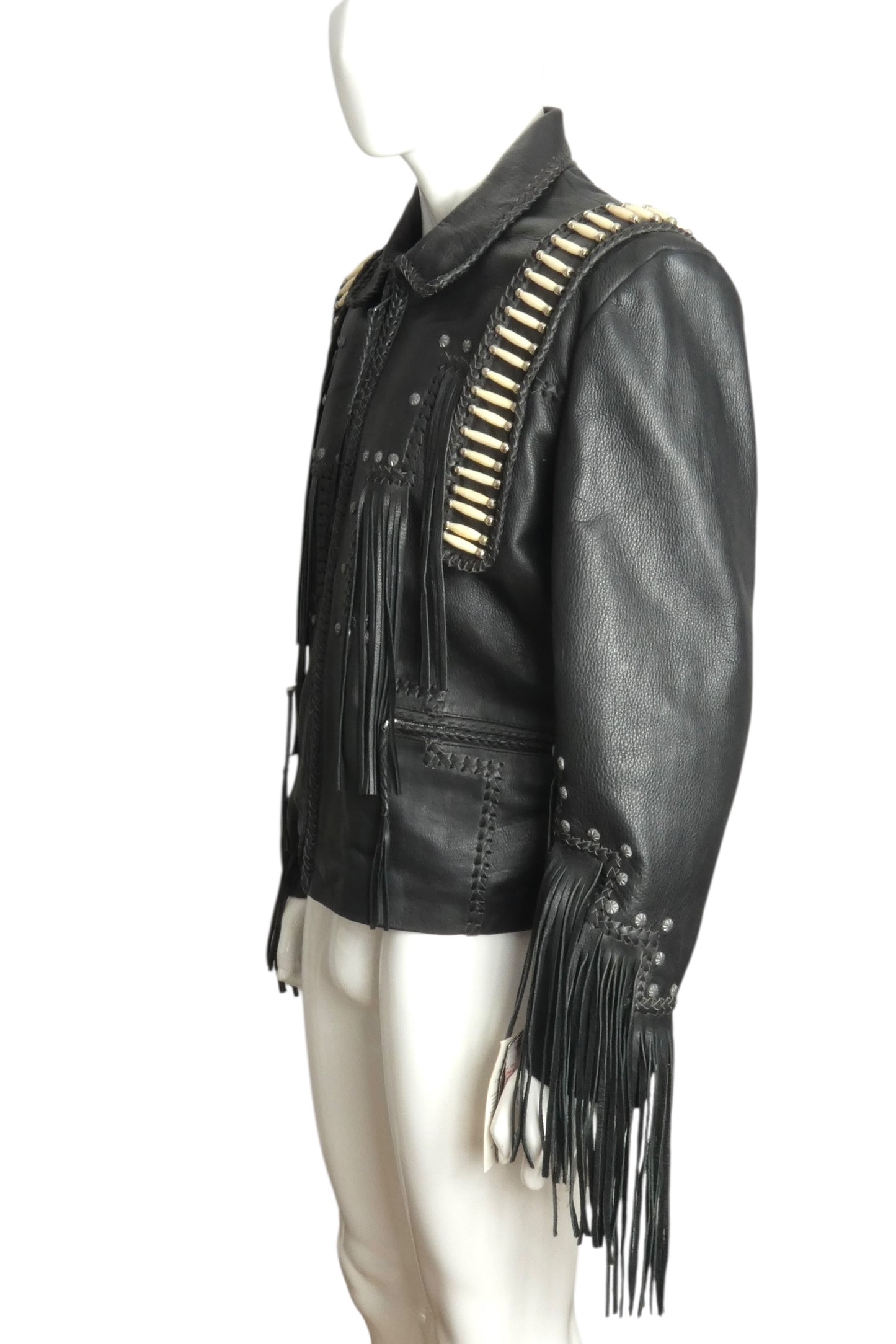 1980s NWT Black Leather Bead & Fringe Jacket, Size Large