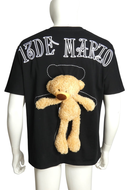 13DE MARZO- Black Teddy Bear Cotton T-Shirt, Size Medium