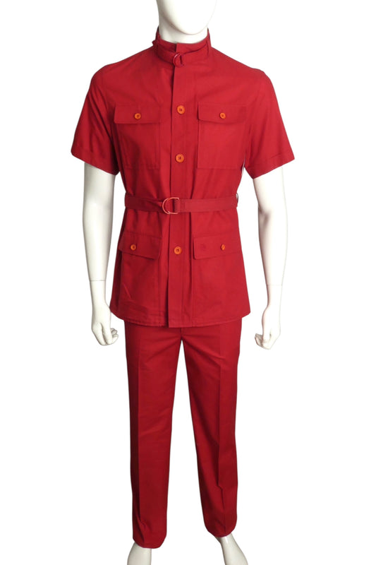 PIERRE CARDIN (HAUTE COUTURE) - 1990s Red Cotton Utility Suit, Size-Large