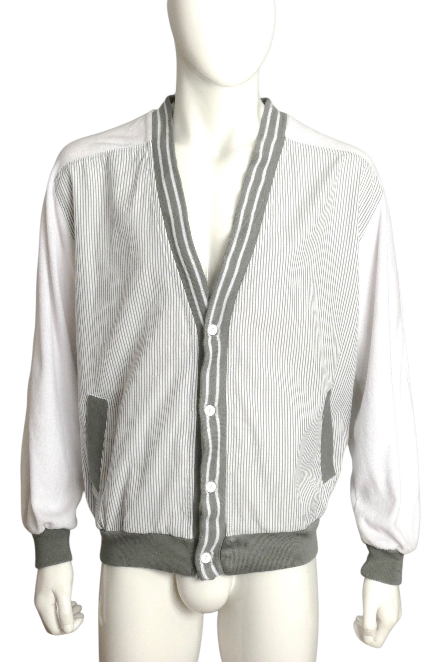 PIERRE CARDIN- 1980s Cotton Stripe & Terry Cardigan, Size Large