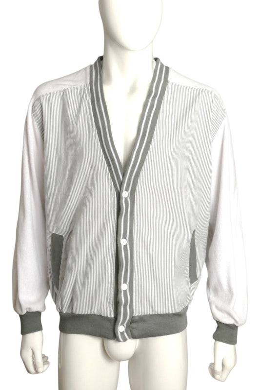 PIERRE CARDIN- 1980s Cotton Stripe & Terry Cardigan, Size Large