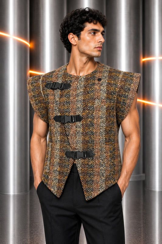 PIERRE CARDIN - Brown Wool Tweed Vest, Size Medium