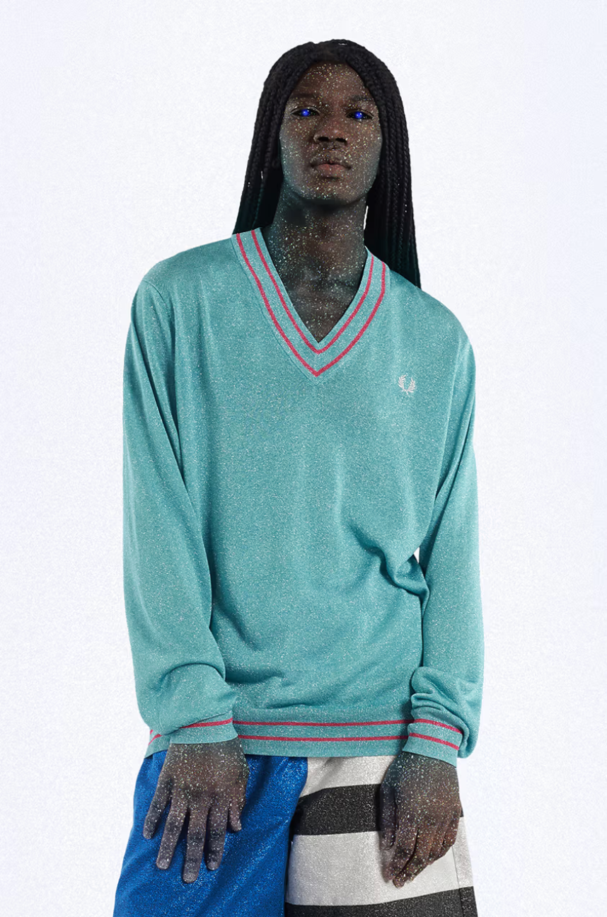 FRED PERRY X CHARLES JEFFREY LOVERBOY- 2021 Lurex V-Neck Sweater, Size Large