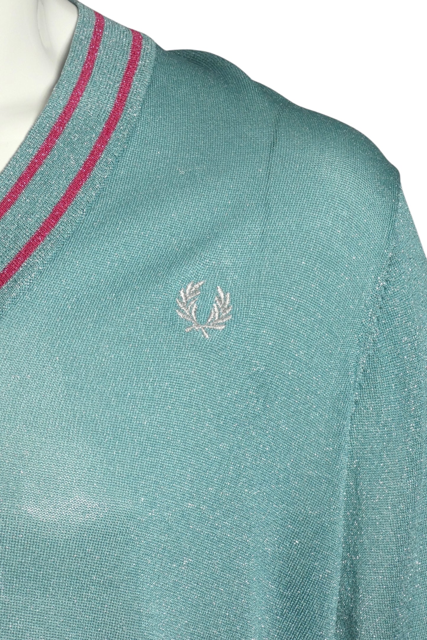 FRED PERRY X CHARLES JEFFREY LOVERBOY- 2021 Lurex V-Neck Sweater, Size Large