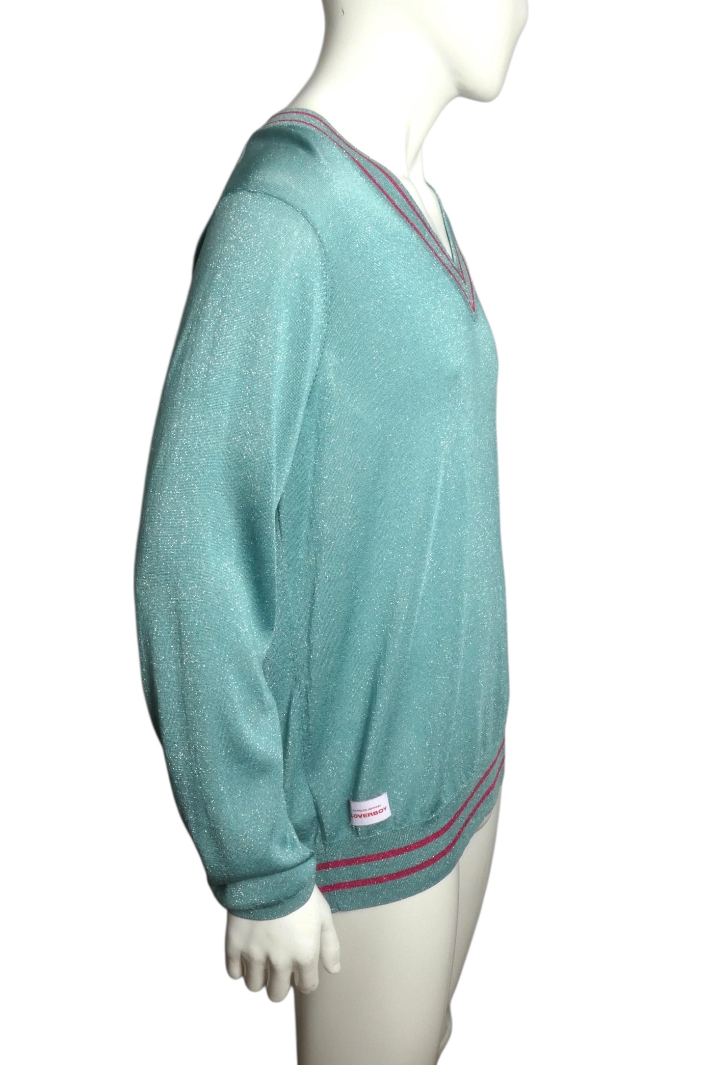 FRED PERRY X CHARLES JEFFREY LOVERBOY- 2021 Lurex V-Neck Sweater, Size Large