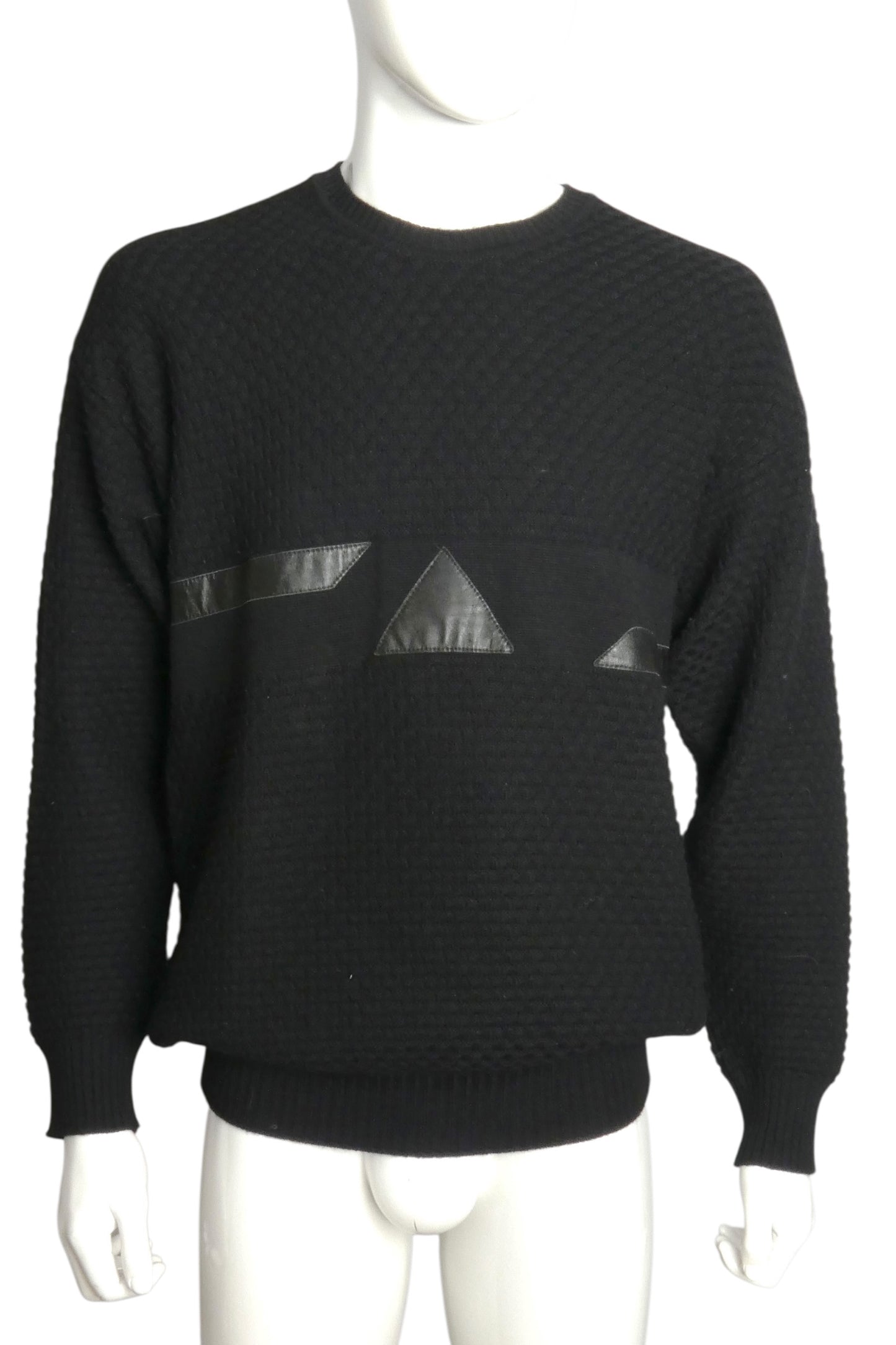 PIERRE CARDIN- 1980s Black Wool & Leather Sweater, Size Large