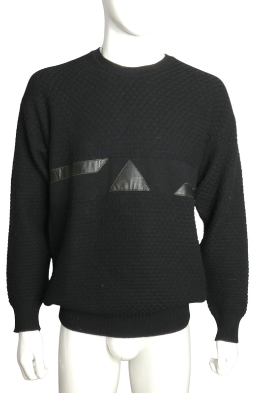 PIERRE CARDIN- 1980s Black Wool & Leather Sweater, Size Large