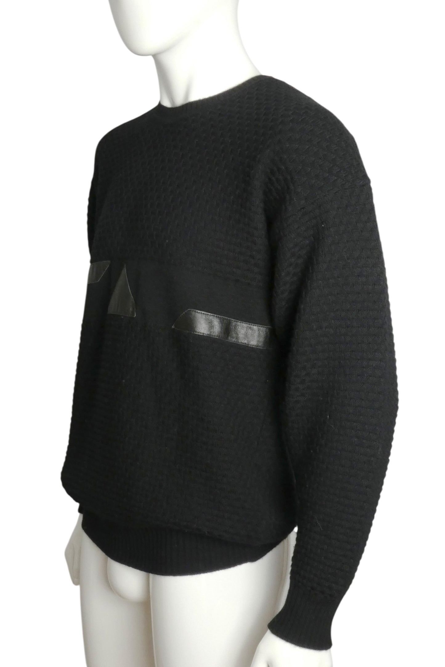 PIERRE CARDIN- 1980s Black Wool & Leather Sweater, Size Large