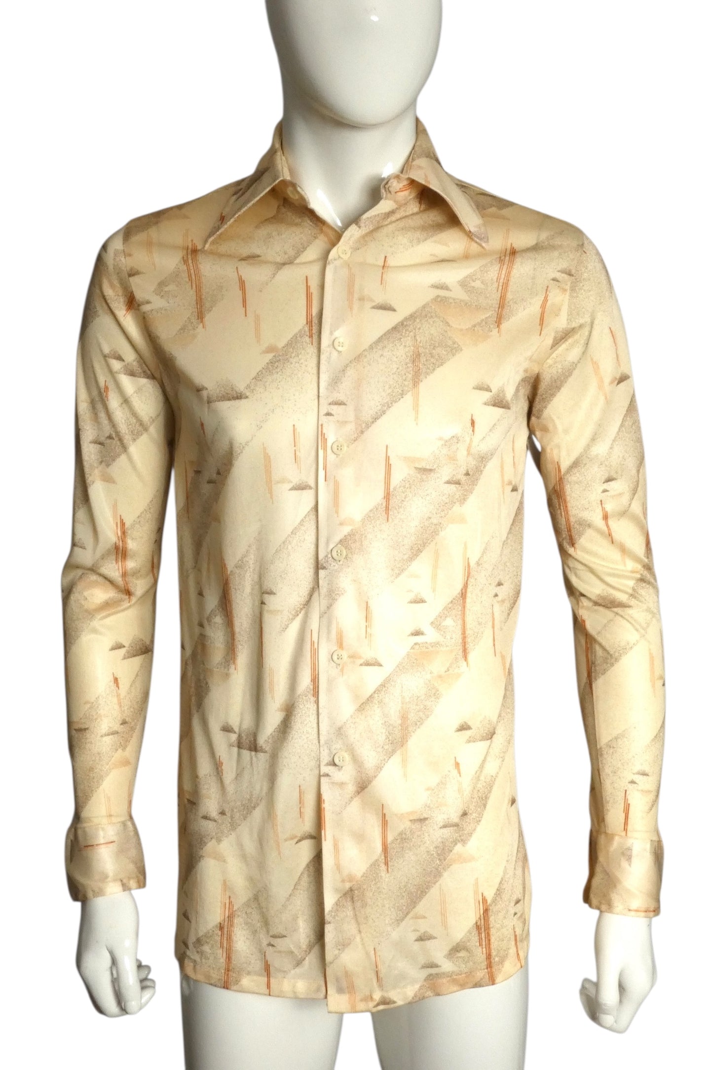 1970s Tan Polyester Knit L/S Shirt, Size Medium