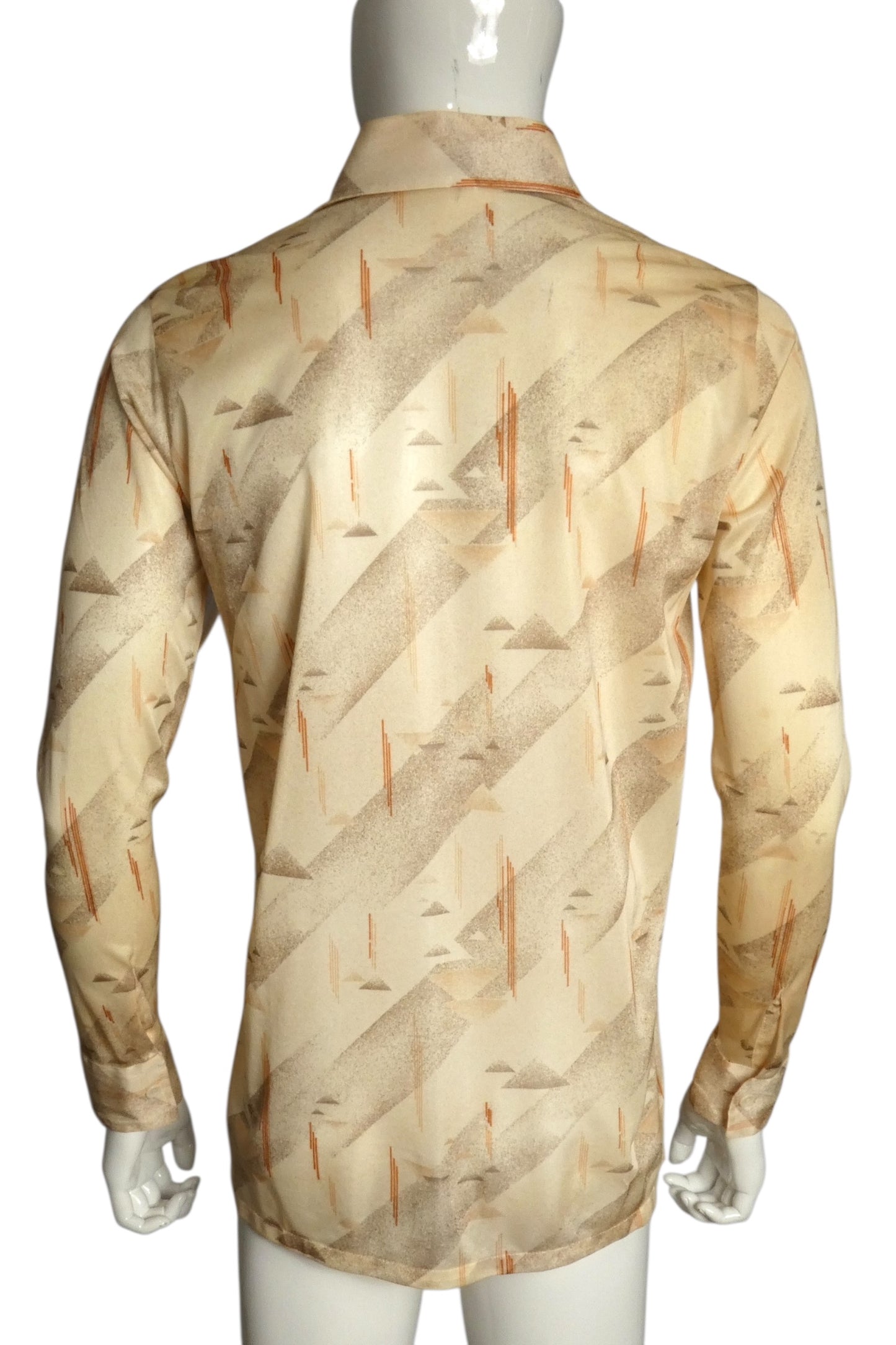 1970s Tan Polyester Knit L/S Shirt, Size Medium