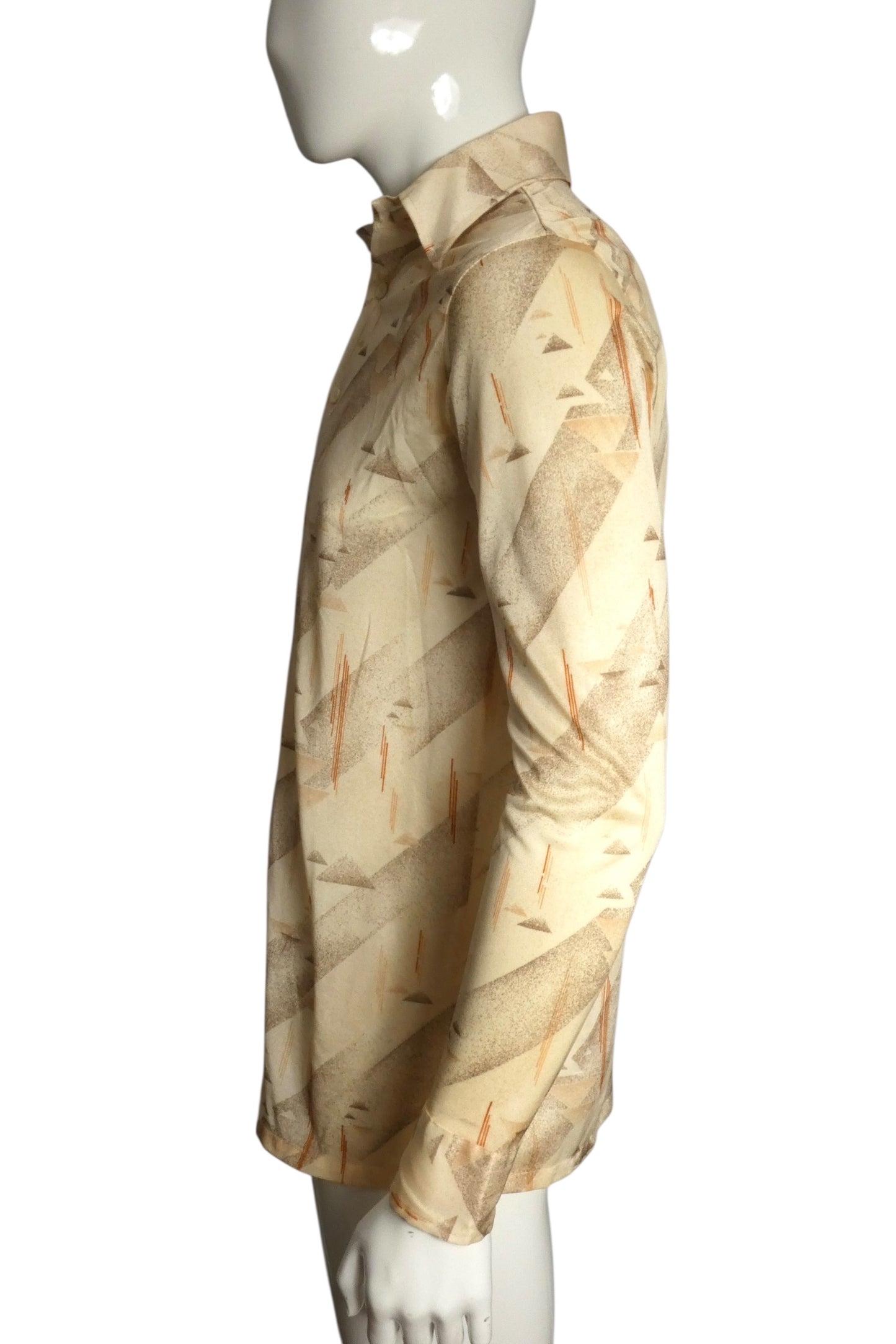 1970s Tan Polyester Knit L/S Shirt, Size Medium