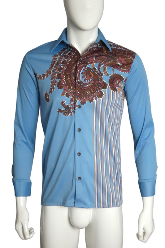 1970s Multi Color Blue L/S Disco Shirt, Size Medium