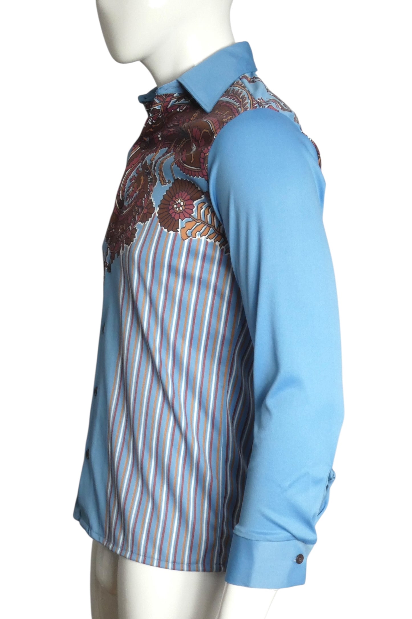 1970s Multi Color Blue L/S Disco Shirt, Size Medium