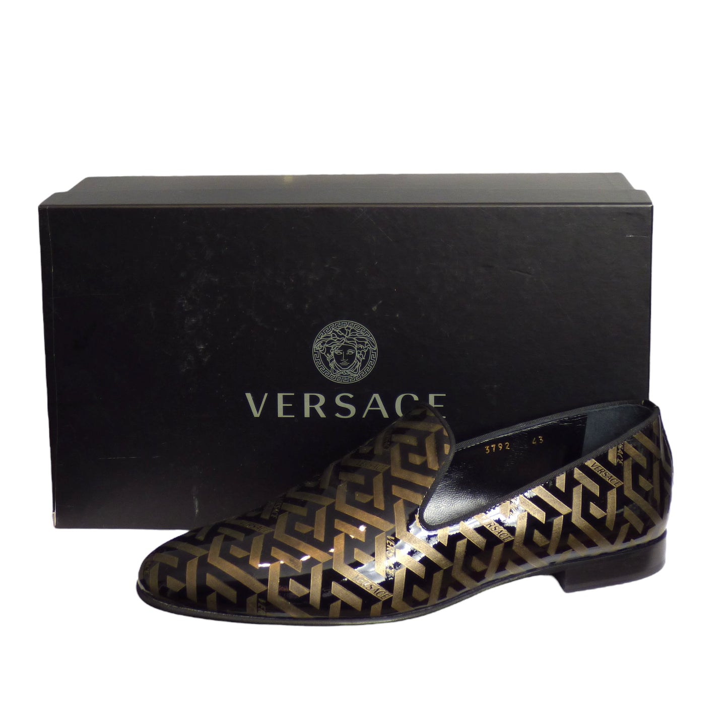 VERSACE- Greek Key Patent Leather Slippers, Size 10