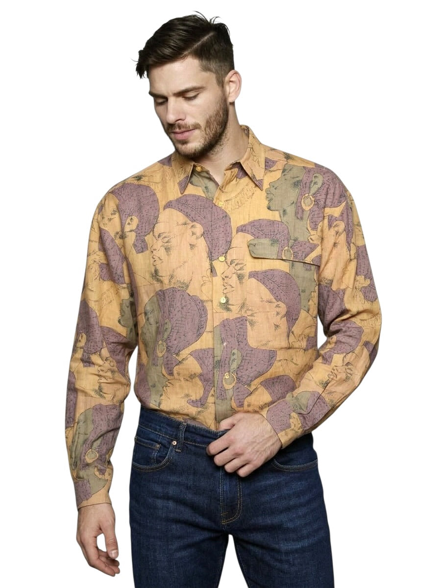 1980s Printed Linen Shirt, Size Medium