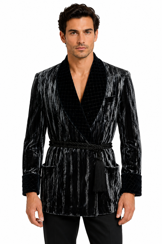 1980s Black & Grey Velvet Smoking Jacket, Size-Large