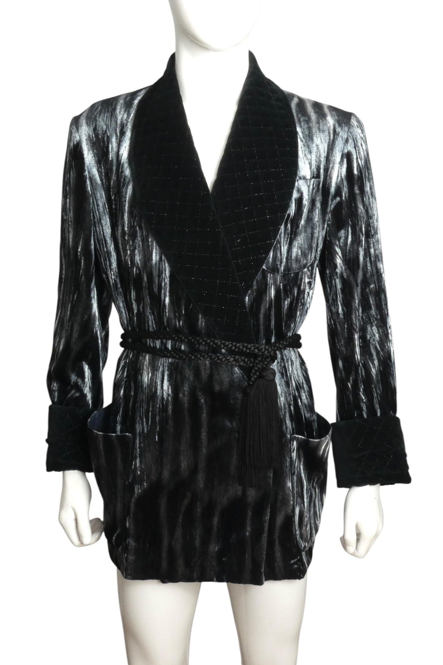 1980s Black & Grey Velvet Smoking Jacket, Size-Large