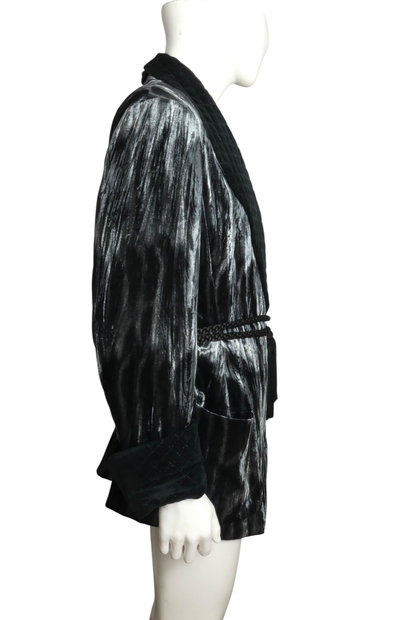 1980s Black & Grey Velvet Smoking Jacket, Size-Large