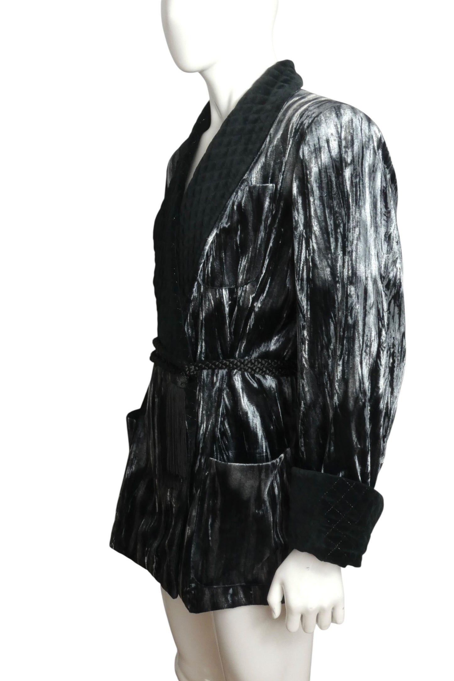1980s Black & Grey Velvet Smoking Jacket, Size-Large