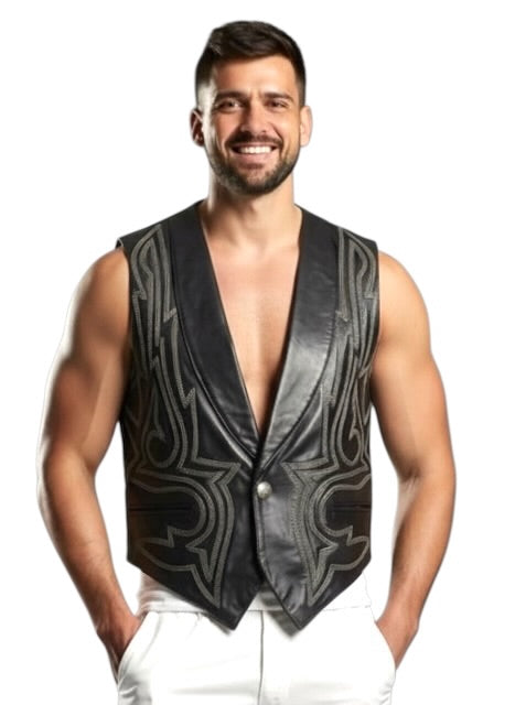 1980s Embroidered Leather Vest, Size Small