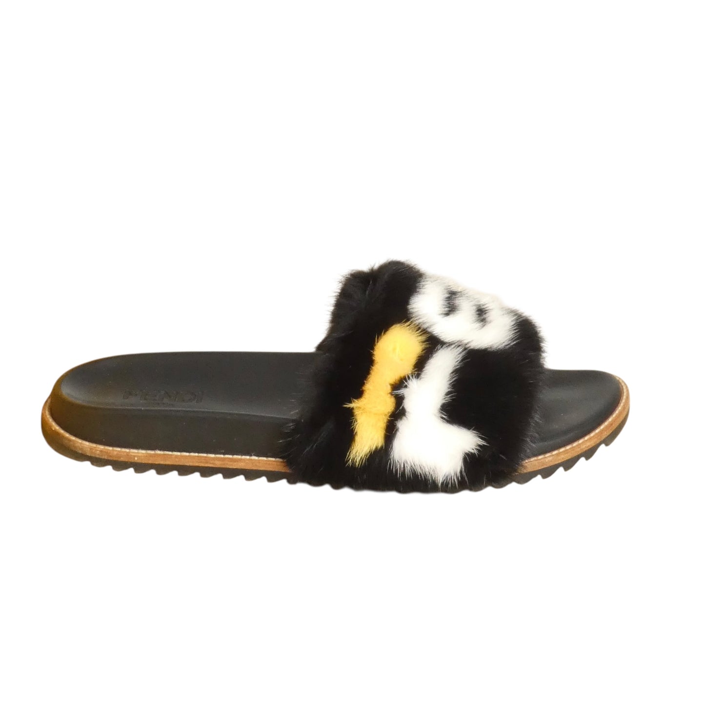 FENDI X FILA - 2018 Black Fur Slide Sandals, Size-UK 12