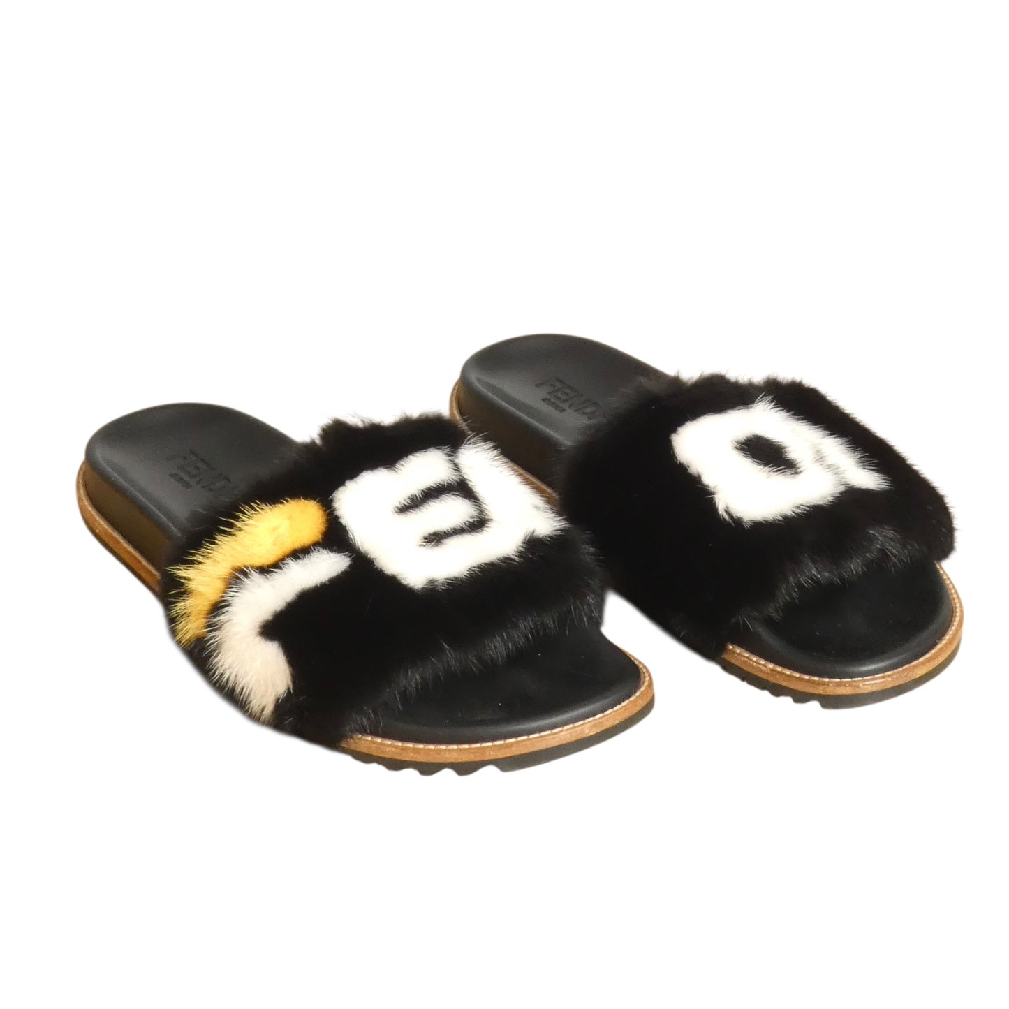 FENDI X FILA - 2018 Black Fur Slide Sandals, Size-UK 12