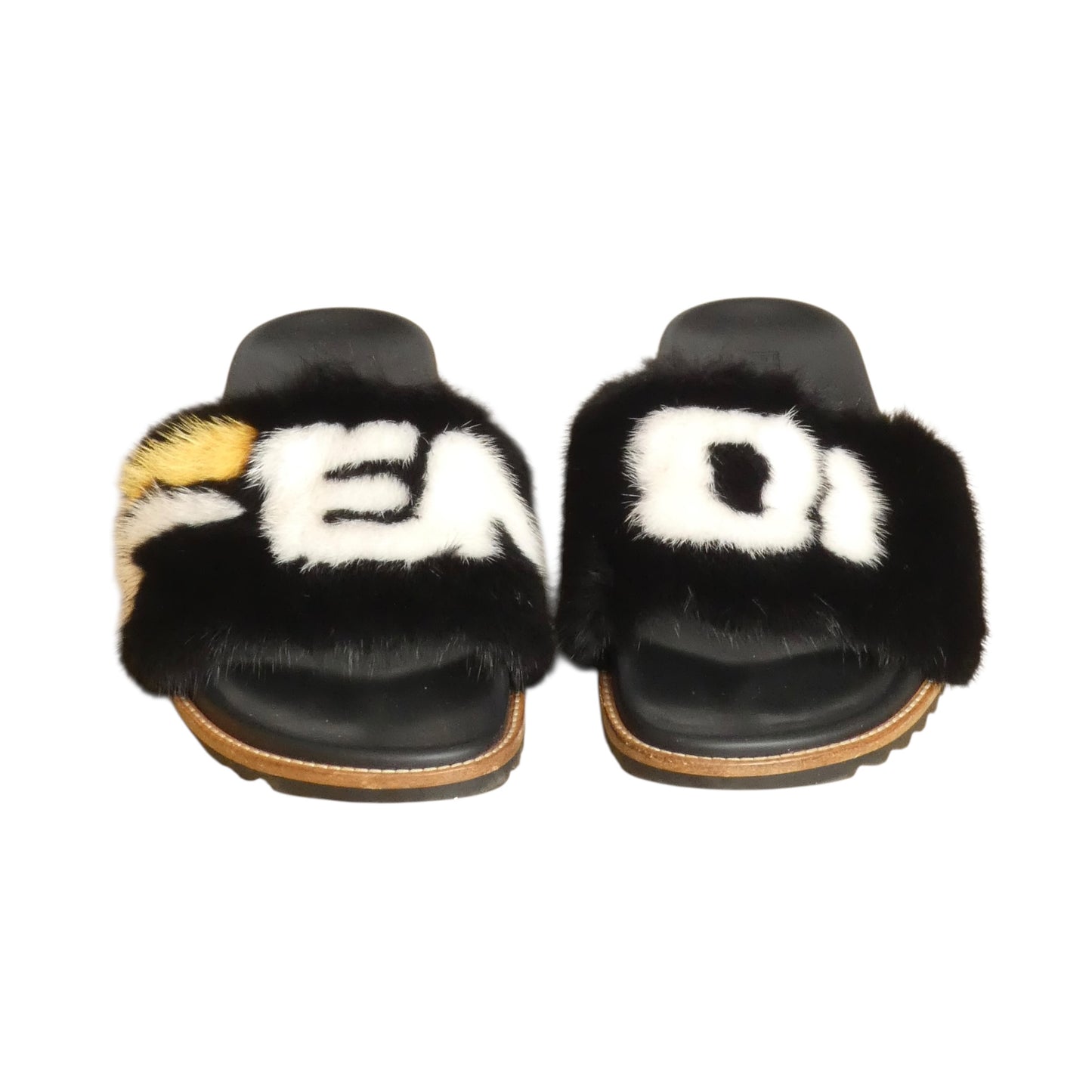 FENDI X FILA - 2018 Black Fur Slide Sandals, Size-UK 12