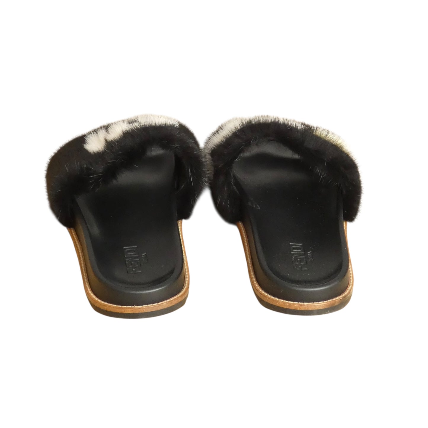 FENDI X FILA - 2018 Black Fur Slide Sandals, Size-UK 12